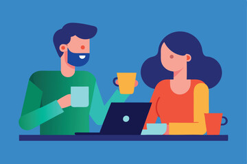 Man and woman working together on laptop with coffee