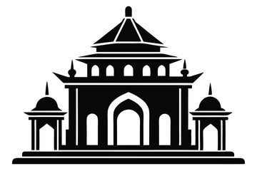 Black Silhouette Depiction of an Ornate AsianStyle Temple Building and Two Pavilion Structures