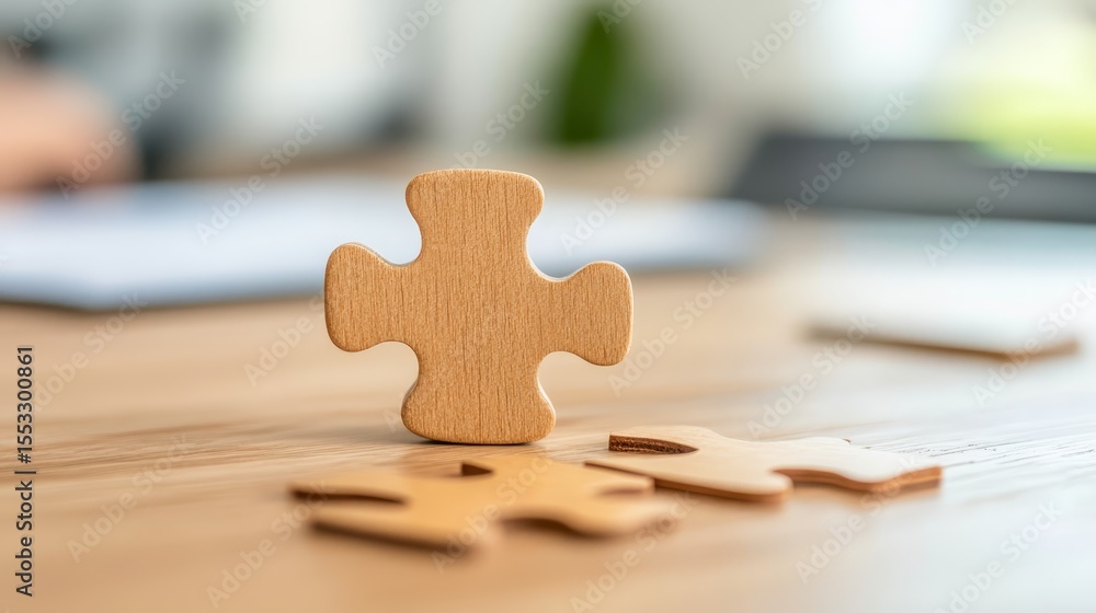 Poster connecting the pieces single wooden puzzle piece on table symbolizing problem solving