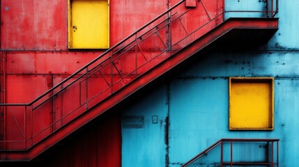 This striking image features a vivid red staircase against a blue metal backdrop, complemented by bright yellow doors, merging abstract art with architectural elegance.