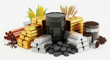 Collection of various trading commodities isolated on White background