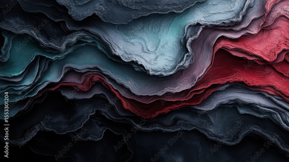 Poster an intricate wave of colorful textures displaying hues of blue, red, and grey, creating a captivatin