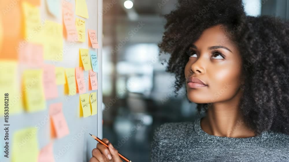 Poster young manager with an afro hairstyle is thoughtfully reviewing and adding sticky notes to a whiteboa