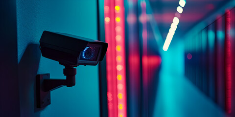 Surveillance camera in data center hallway, Security camera monitoring in server room, High-tech CCTV camera in modern data center

