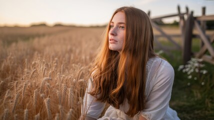 Fototapeta premium Young caucasian female with long red hair in wheat field at sunset