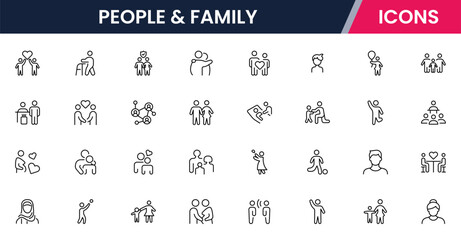 Vector line icons of parents, children, home, love, activities, family time, relationships, bonding, and care ideal for apps and websites.