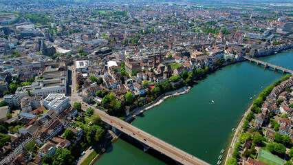 Fototapeta premium An Panoramic aerial of the old town of the city Basel in Switzerland on a sunny day in summer 