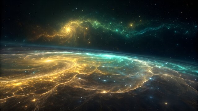 Stunning cosmic view of a vibrant nebula and a gas giant planet's atmosphere in deep space