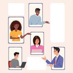 Business video conference, multicultural group, remote work, online teamwork, technology, modern flat illustration