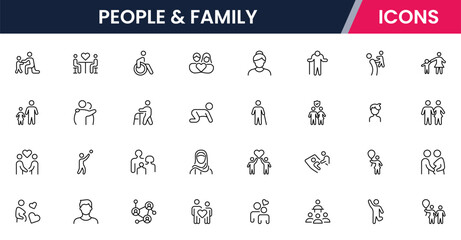 Vector line icons of parents, children, home, love, activities, family time, relationships, bonding, and care ideal for apps and websites.