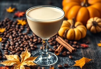 Creamy vanilla espresso martini, coffee beans, cinnamon, autumn leaves, pumpkin, drink photography, delicious drink