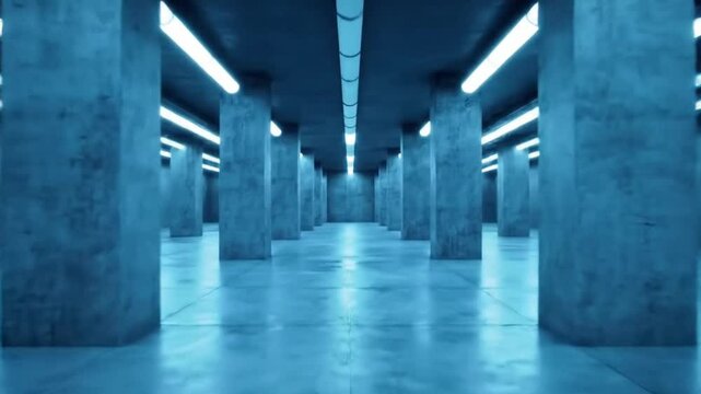 A dimly lit, futuristic concrete hallway with parallel rows of pillars.