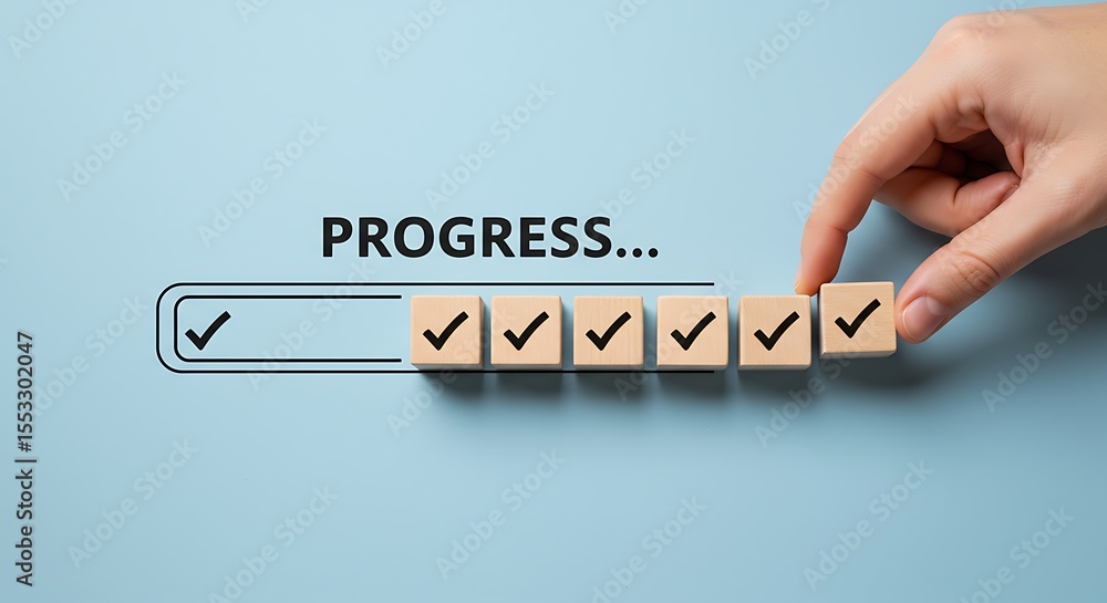 Poster hand placing checkmark cubes to illustrate progress and completion of a task or project