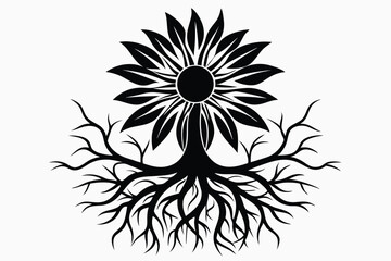 Black Tree with Roots and Leaves Silhouette, Vector Illustration, Monochrome Art