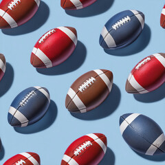 Seamless football repeat pattern red blue brown American footballs light blue background sports theme wallpaper boys room decor sporty digital paper wrapping tile backdrop design NFL kids footy ball