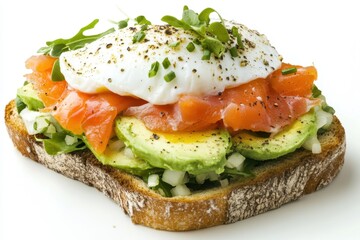 Delicious Open-Faced Sandwich Featuring Creamy Avocado, Fresh Salmon, Poached Egg, and Vibrant Greens for a Healthy Savory Meal