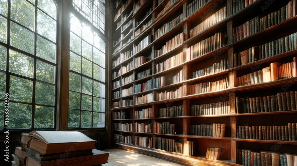 Poster a grand library space featuring beautifully arranged bookshelves and sunlight filtering through larg