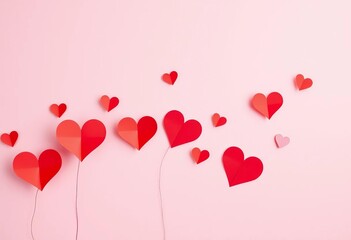 Delicate red and pink paper hearts ascend against a soft pink backdrop,  romance,  illustration