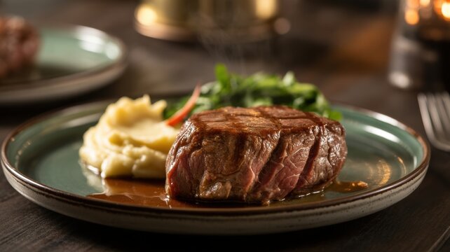Juicy grilled steak with mashed potatoes and vegetables on rustic plate - Powered by Adobe