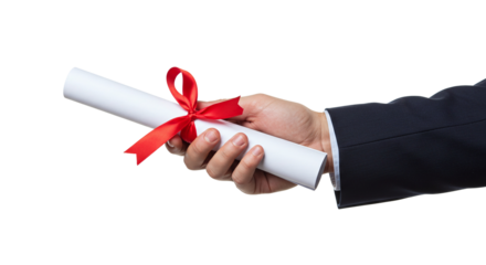 Hand holding rolled diploma tied with red ribbon; achievement, success, graduation concept.