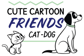 Adorable cartoon cat and dog friends in minimalist geometric style