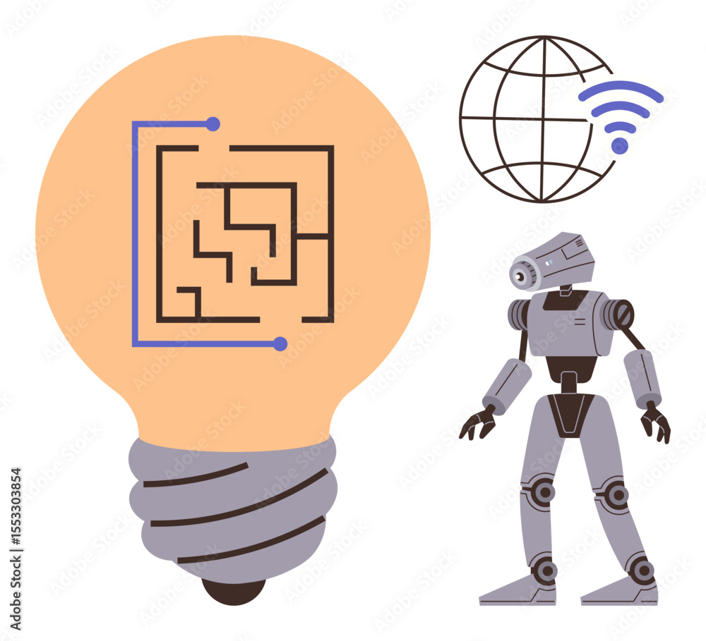Poster robot standing near a bulb with a circuit maze design and a globe with wireless signal. ideal for ar
