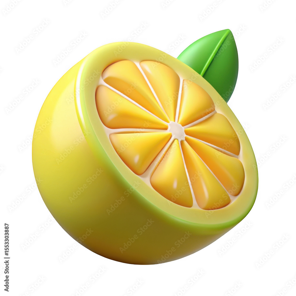 Poster 3d lemon slice with leaf on transparent background