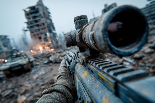 FPV perspective of a military sniper in a gritty battlefield with ruins and explosions. Concept of war, video games, and conflict