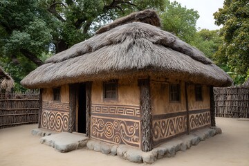 Traditionally decorated African hut with a round thatched roof and intricate tribal patterns adorning its mud walls, set amidst a natural village environment, reflecting cultural heritage