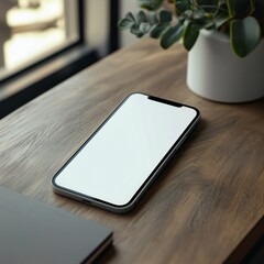 Sleek smartphone with white screen on wooden desk by window and potted plant