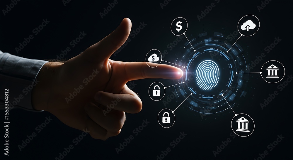 Poster fingerprint identification accessing secure data and financial transactions with modern technology