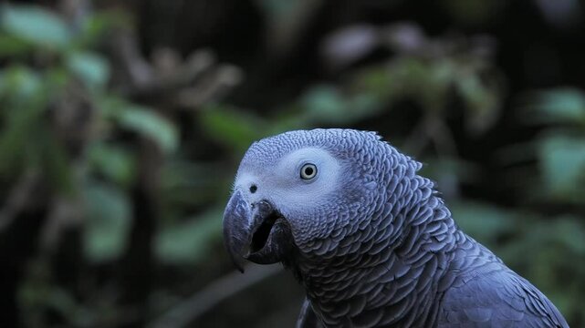 gray parrot jaco long performs its song on a blurred background, sound