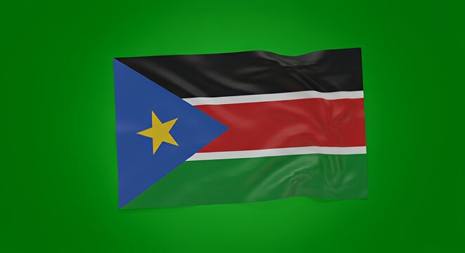 South Sudan's vibrant flag billows proudly against a rich green backdrop.
