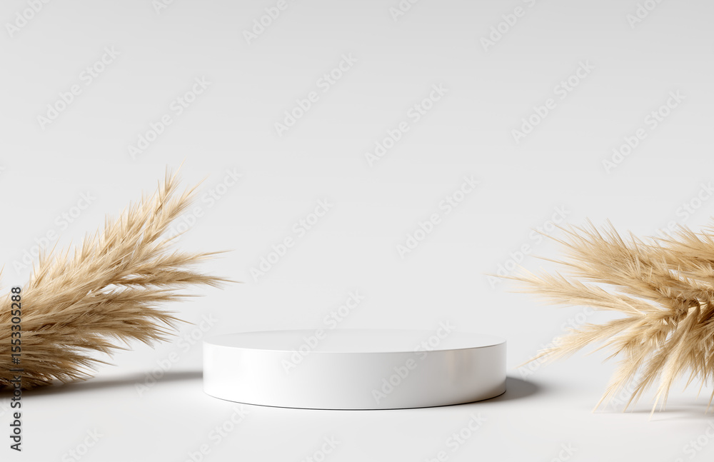 Poster white product display podium with dried pampas grass on a clean background. 3d rendering