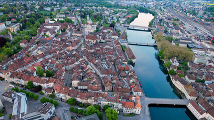 A panoramic aerial view around the old town of the city Solothurn in Switzerland on a sunny spring...