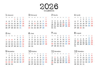 2026年の年間カレンダー月曜始まりタイプライター風文字 横位置