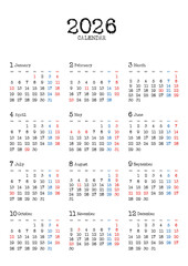 2026年の年間カレンダー月曜始まりタイプライター風文字 縦位置