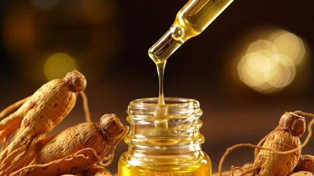 Ginseng root next to a dropper dispensing golden oil into a bottle.