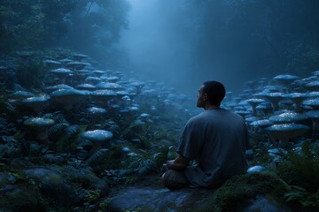 Obraz premium A solitary figure meditates amidst a mystical, glowing mushroom forest under moonlit rays, evoking a sense of wonder, spiritual tranquility, and fantasy exploration
