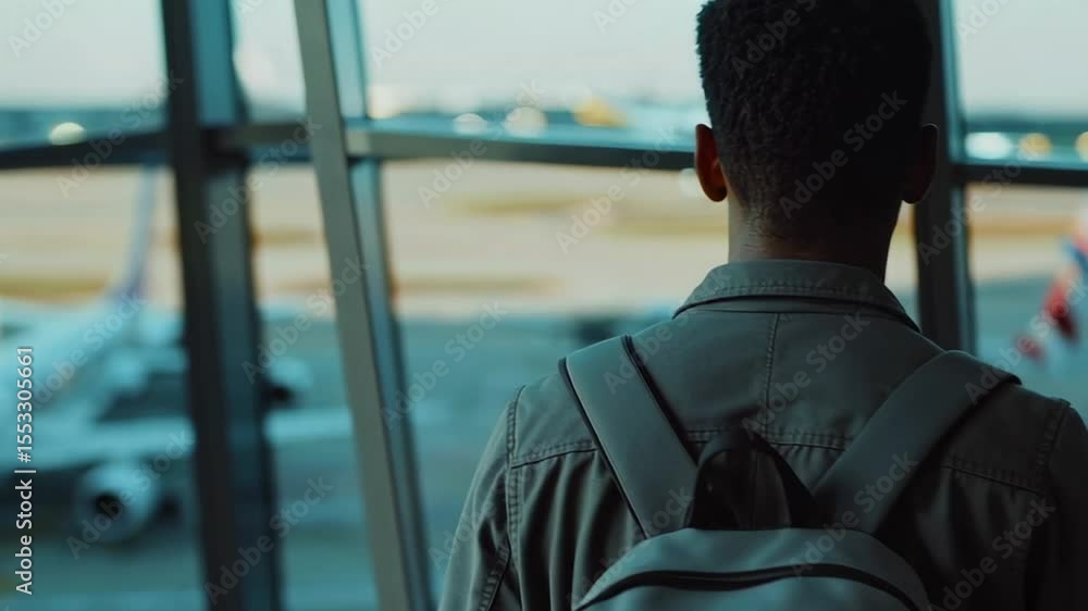 Poster passenger in casual attire and backpack standing near airport window, scanning runway and scanning a
