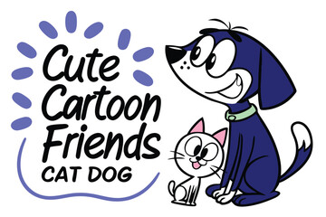 Adorable cartoon cat and dog friends playing together in a rounded style