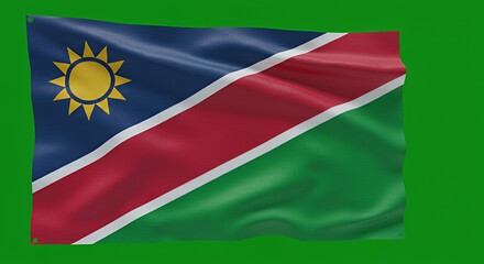 Namibia's vibrant flag billows proudly against a chroma key green background.