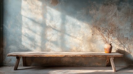 A rustic wooden bench set against a textured wall, showcasing a simple vase holding dried flowers, creating a serene and inviting atmosphere in the space.