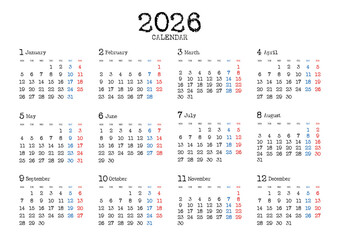 2026年の年間カレンダー月曜始まり 日本の祝日表記無し タイプライター風文字 横位置