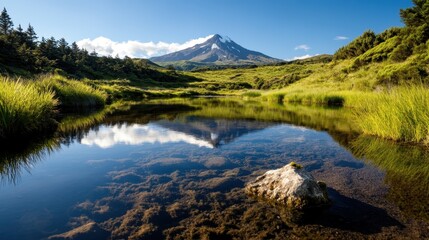 Fototapeta premium A stunning view of a snow-capped mountain reflecting in a serene lake, surrounded by lush green terrain, capturing the beauty of nature's tranquility and grandeur.