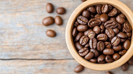 Fototapeta premium Close-up of fresh roasted coffee beans in a wooden bowl on a rustic table background, perfect for coffee lovers and culinary enthusiasts.