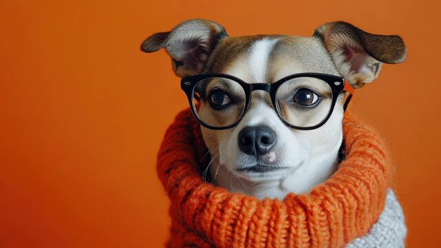 Elegantly dressed dog with glasses, scarf and argyle sweater.