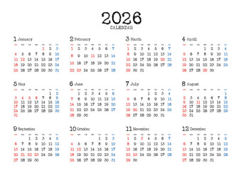 2026年の年間カレンダー日曜始まりタイプライター風文字 横位置