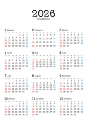 2026年の年間カレンダー日曜始まりタイプライター風文字 縦位置