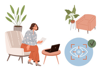 Fototapeta premium Woman sitting on a chair holding papers near a laptop on a table, surrounded by plants and modern furniture. Circular visual with eye icon hints at vision, focus, or tracking. Ideal for remote work